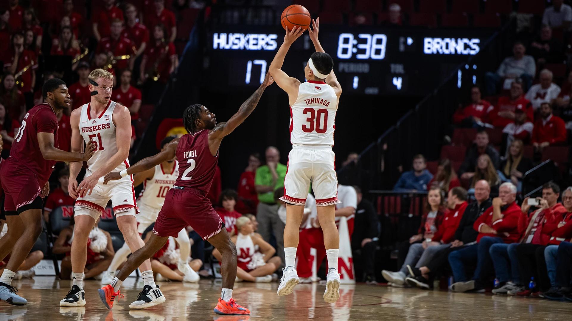 Nebraska guard Keisei Tominaga shoots against Rider (Nov. 13, 2023)